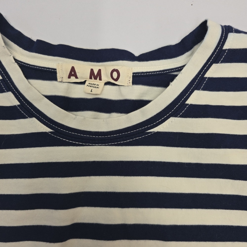AMO Women Striped Long Sleeve Cotton Tee Shirt Navy Red Brown Mixed Stripe‎ L - Picture 2 of 9